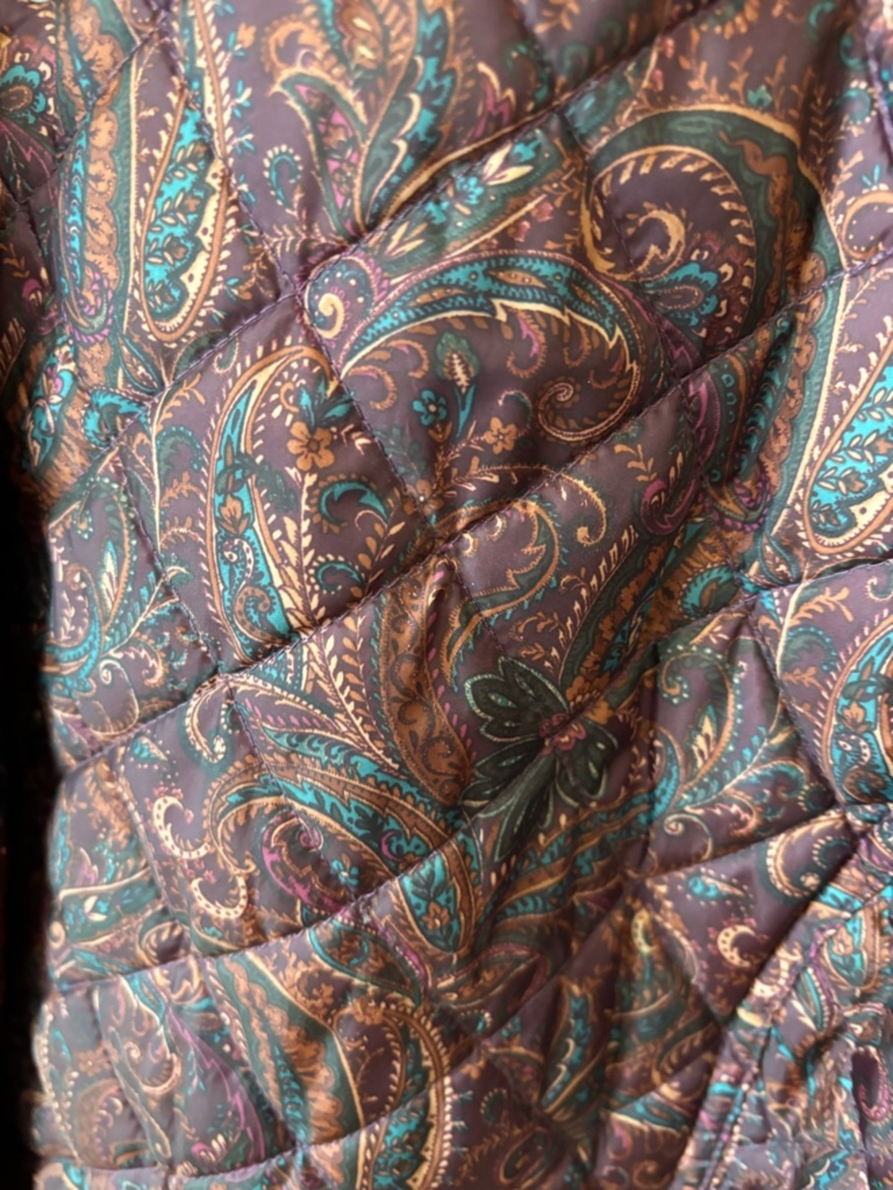 Talbots Quilted Paisley Puffer Jacket - Burgundy with Teal Accents - Picture 7 of 9